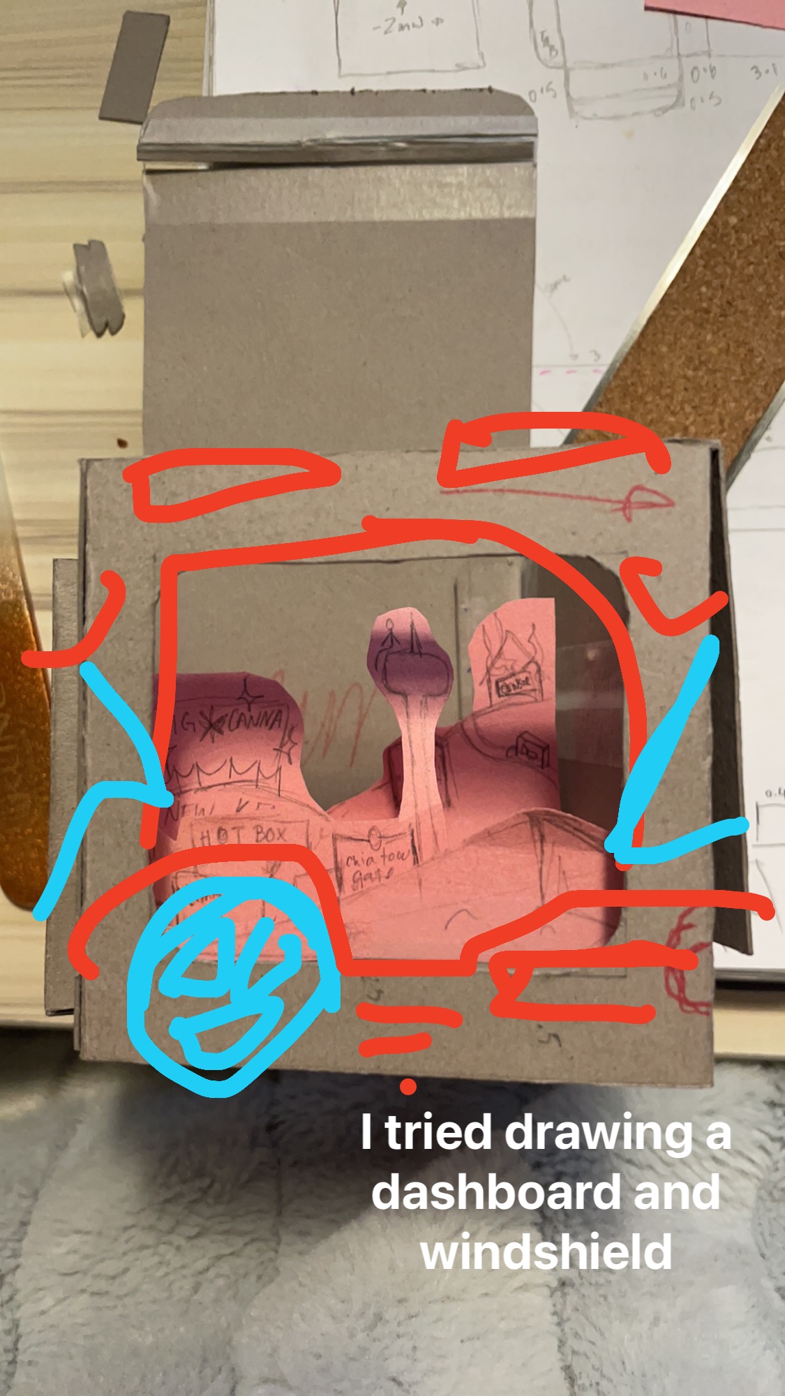 Close up of the first proper prototype, with an idea to make the frame be inside a car which we later changed so that the entire box could look like a retro TV